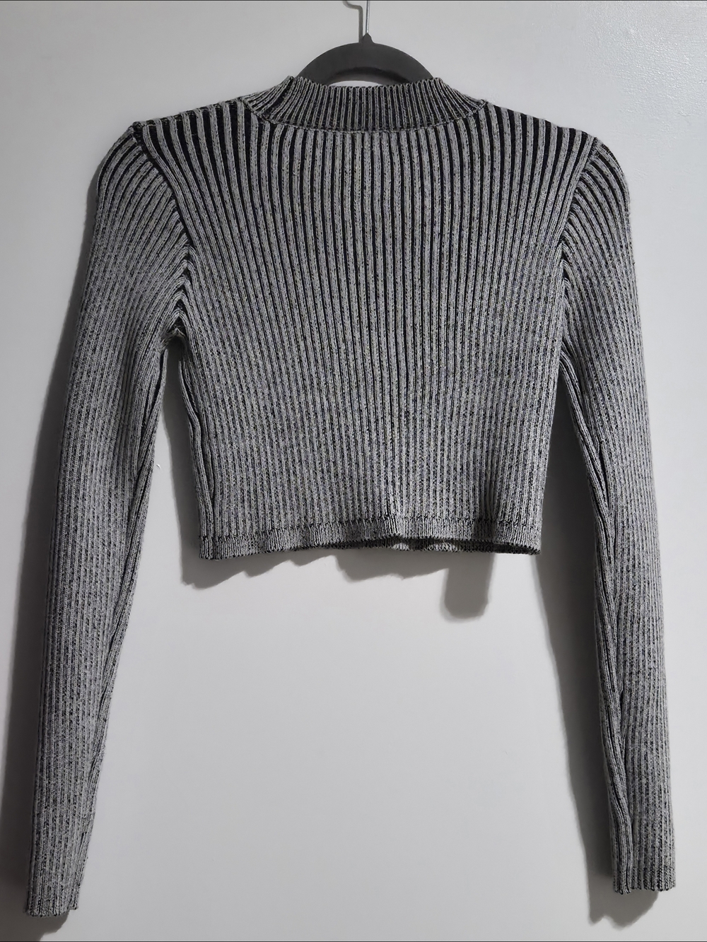 Ribbed Cropped Knit Long-Sleeve Sweater Top - Gray